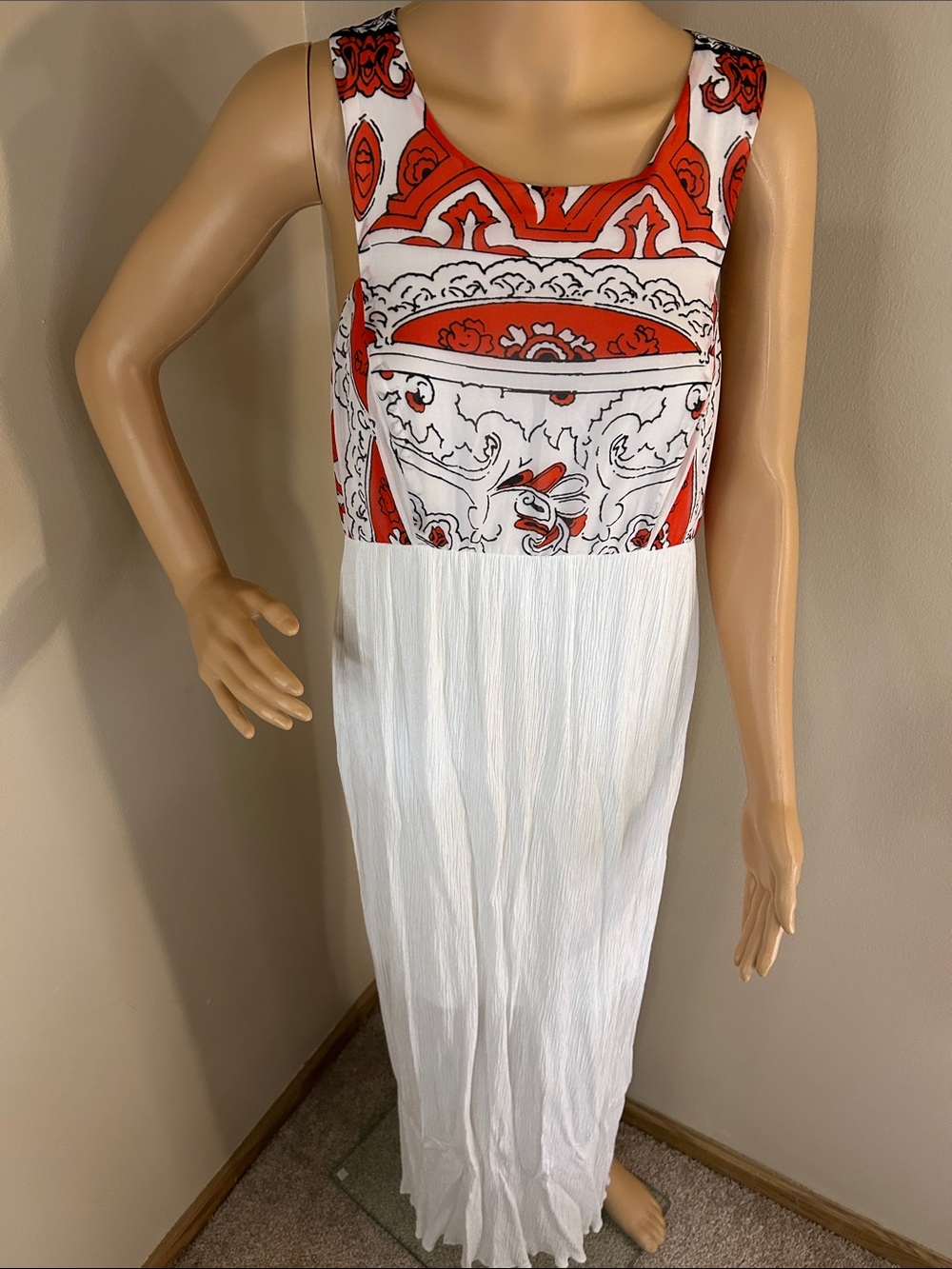 Sleeveless White Maxi Dress with Red Printed Bodice